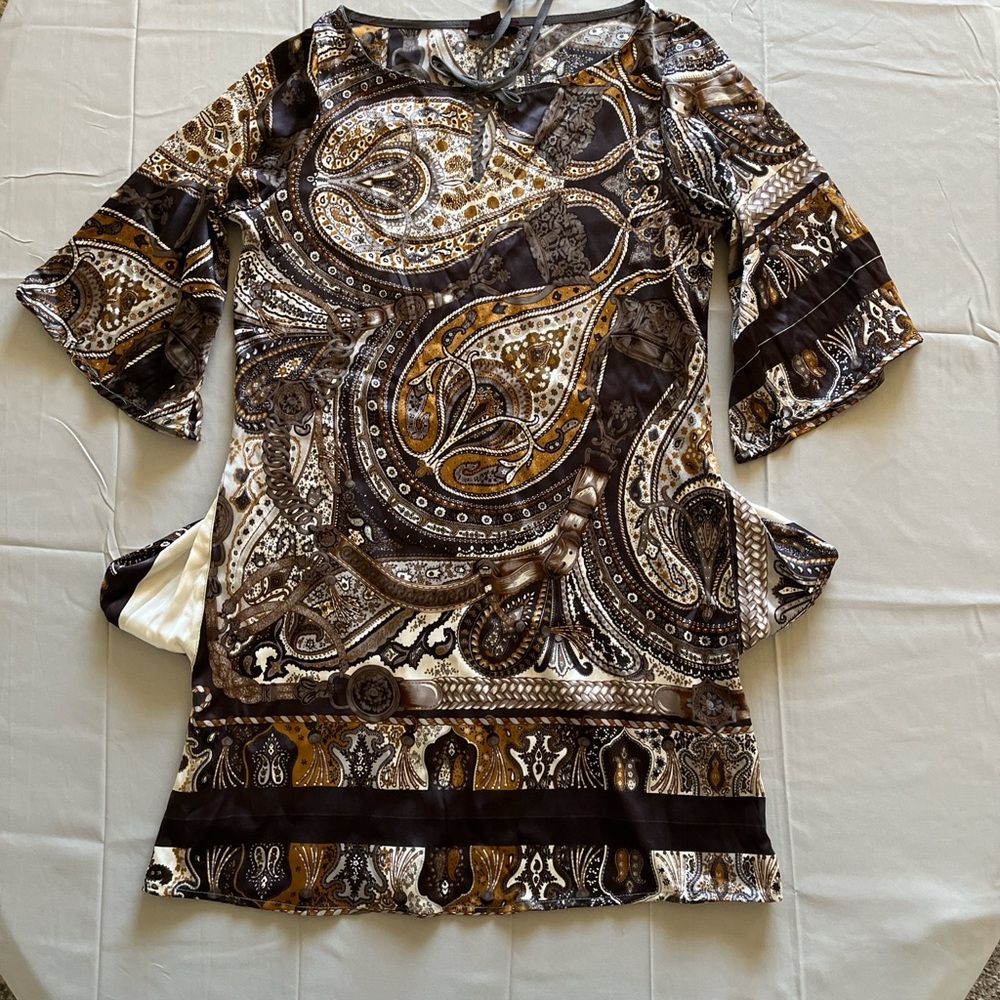 Hale‎ Bob Paisley Print Tunic Shift Dress Size M EUC Brown Gold Boho Chic